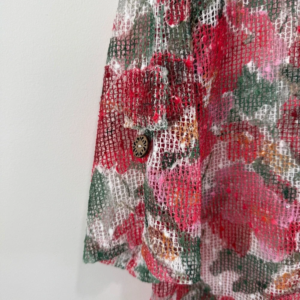 Nina Leonard Floral Mesh Lagenlook Boho Cardigan L Floral Sequin Wood Buttons